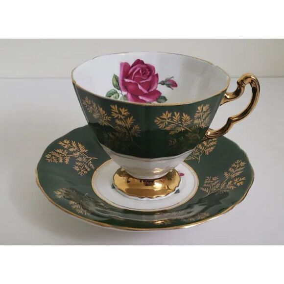 Vintage Adderley Teacup and Saucer, Green and Gold with Red Rose/ England - Picture 1 of 5